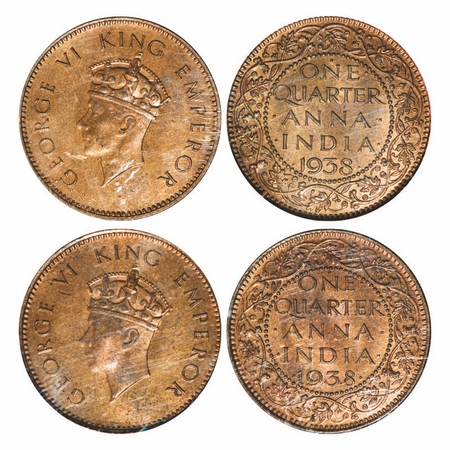 George VI, Bronze, Quarter Anna, (2 slabs), 1938, Bombay Mint, Head Type I, Dot, 1) Dots b