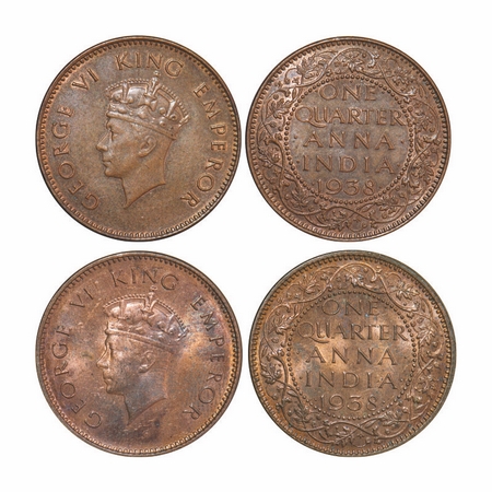 George VI, Bronze, Quarter Anna, 1938 (2coins), 1) Bombay Mint, Head type I, dot, dots by 