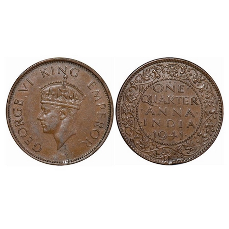 George VI, Bronze, Quarter Anna, 1941, Bombay Mint, Head Type II, Dot, Die Crack on Obv & 