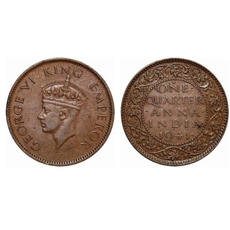 George VI, Bronze, Quarter Anna, 1941, Bombay Mint, Head Type II, Dot. GK 1428. Extremely 