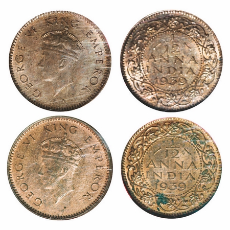 George VI, Bronze, 1/12 Anna (2 Slabs), 1939, 1) Bombay Mint, Dot, Head Type I, Tiny privy