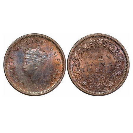 George VI, Bronze, 1/12 Anna,1939, Calcutta Mint, Head type I, No dot. GK 1455. Brilliant 