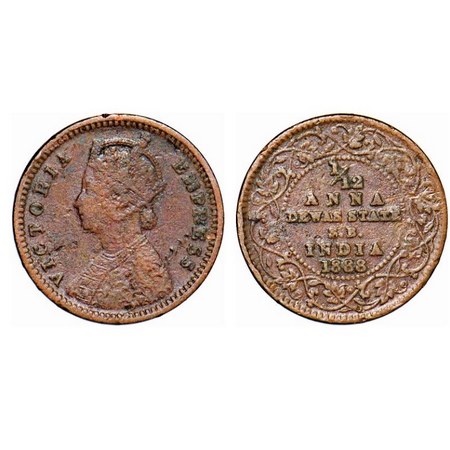 Dewas Senior, Copper 1/12 Anna, 2.23g, Narayan Rao (c. 1864-1892 AD), Crowned bust of Vict