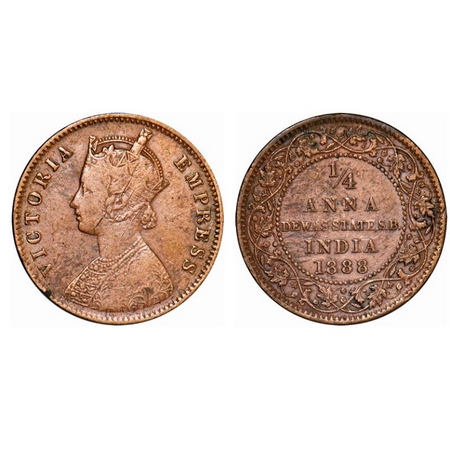 Dewas Senior, Copper ¼ Anna, 6.29g, Narayan Rao (c. 1864-1892 AD), Crowned bust of Victori