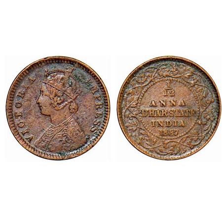 Dhar, Copper 1/12 Anna, 2.10g, Anand Rao III, AD 1887, bust of Victoria Empress on obv. KM