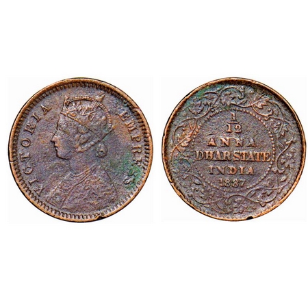 Dhar, Copper 1/12 Anna, 2.01g, Anand Rao III, AD 1887, bust of Victoria Empress on obv. KM