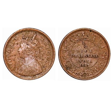 Dhar, Copper ½ Pice, 3.35g, Anand Rao III, AD 1887, bust of Victoria Empress on obv. KM 12