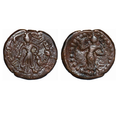 Yaudheya, Karttikeya-Devasena type, Copper Unit, 11.31g, 24.12x26.12mm, Obv: Karttikeya st