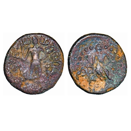 Yaudheya Dynasty of Punjab, Copper Drachma, 11.40g, 26.08X25.47mm, Obv: Kartikeya with pea