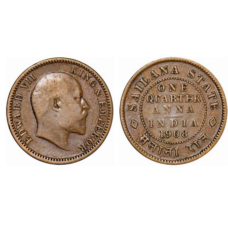 Sailana, Copper ¼ Anna, 4.78g, Jaswant Singh (1890-1919 AD), 1908 AD, bust of Edward VII o