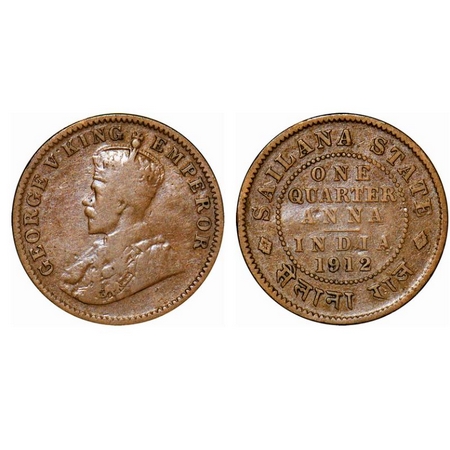 Sailana, Copper ¼ Anna, 4.72g, Jaswant Singh (1890-1919 AD), 1912 AD, bust of George V on 