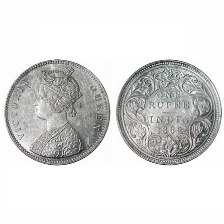 Victoria Queen, Silver, Rupee, 1862, Bombay Mint, A/II/0/4, w/o initial 'J'. GK 308. Brill
