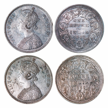 Victoria Queen, Silver, Rupee (2 coins), 1862, Bombay Mint, A/II/0/5, Broken 'D' in India,