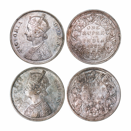 Victoria Queen, Silver, Rupee (2 coins), 1862, Bombay Mint, A/II/0/6. GK 322, 324. Extreme