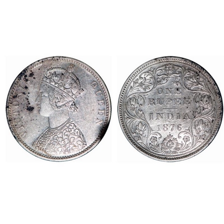 Victoria Queen, Silver, Rupee, 1876, Bombay Mint, A2/II, Dot, Two 'J's. GK 431. About Unci
