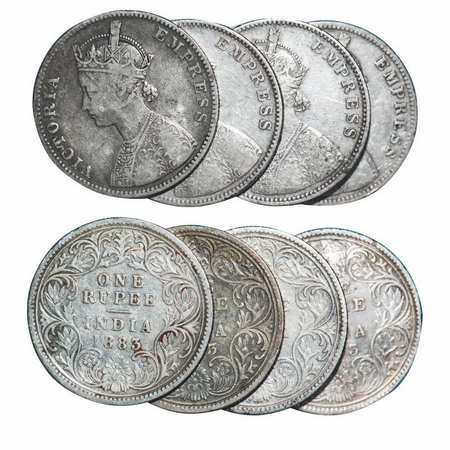 Victoria Empress, Silver, Rupee, (4 coins), 1883, 1) Bombay Mint, A3/I, Dot, 2) Bombay Min