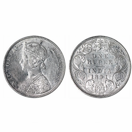 Victoria Empress, Silver, Rupee, 1891, Bombay Mint, C2/I, 'B' incused. GK 569. About Uncir