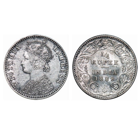 Victoria Empress, Silver, 1/4 Rupee, 1889, Bombay Mint, C(i)/II, 'B' incused. GK 715. Abou