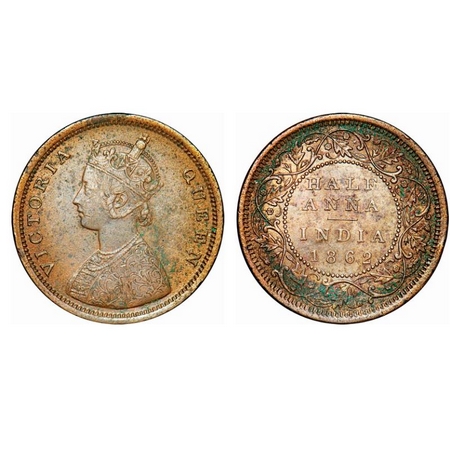 Victoria Queen, Copper, Half Anna, 1862, Calcutta Mint, A/I(i), Flowers with Five dots aro
