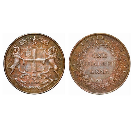 Victoria Queen, Copper, Quarter Anna, 1858, R. Heaton & Sons, Birmingham Mint, Two leaves,