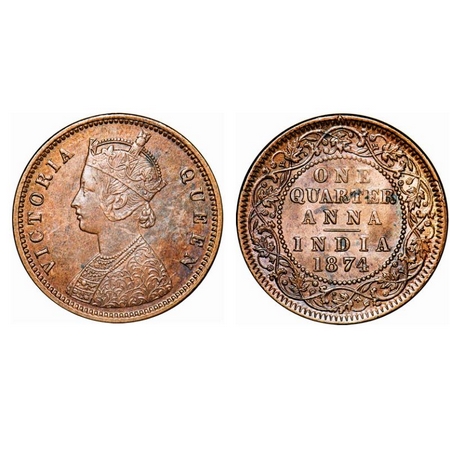Victoria Queen, Copper, Quarter Anna, 1874, Calcutta Mint, B/II, No mint mark. GK 823. Alm