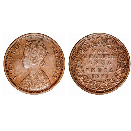 Victoria Empress, Copper, Quarter Anna, 1877, Bombay Mint, B/I, No mint mark. GK 828. Abou