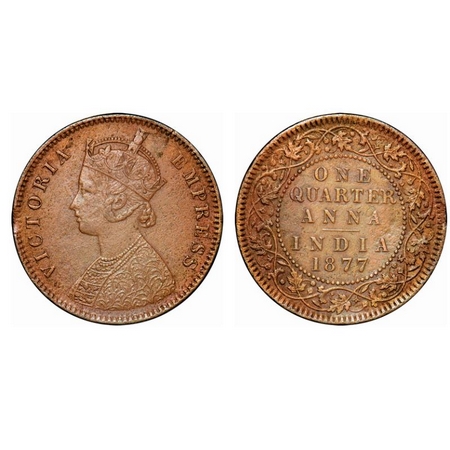 Victoria Empress, Copper, Quarter Anna, 1877, Calcutta Mint, B/II, No mint mark. GK 829. E