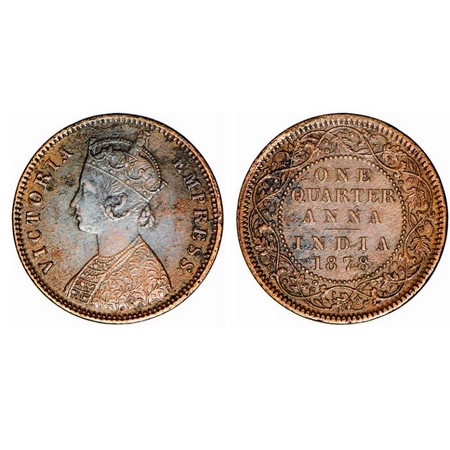 Victoria Empress, Copper, Quarter Anna, 1878, Calcutta Mint, B/II, No mint mark. GK 830. V