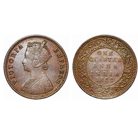 Victoria Empress, Copper, Quarter Anna, 1882, Bombay Mint, B/I, No mint mark. GK 834. Very