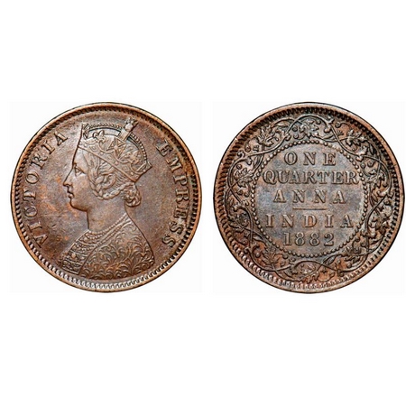Victoria Empress, Copper, Quarter Anna, 1882, Calcutt Mint, B/II, 'C' incused. GK 835. Ext