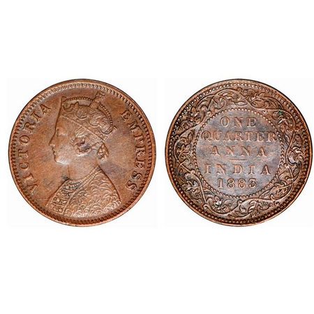 Victoria Empress, Copper, Quarter Anna, 1883, Bombay Mint, B/I, No mint mark. GK 836. Extr