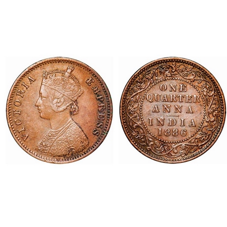 Victoria Empress, Copper, Quarter Anna, 1886, Bombay Mint, B/I, No mint mark. GK 841. Very