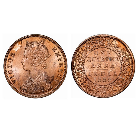 Victoria Empress, Copper, Quarter Anna, 1889, Calcutta Mint, B/II, No mint mark, Planchet 