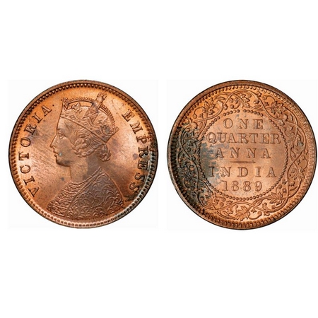 Victoria Empress, Copper, Quarter Anna, 1889, Calcutta Mint, B/II, No mint mark. GK 848. B
