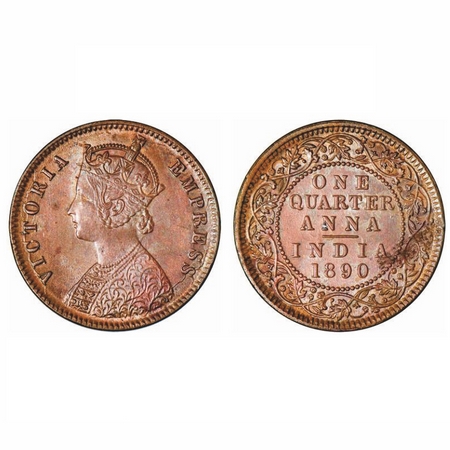 Victoria Empress, Copper, Quarter Anna, 1890, Calcutta Mint, B/II, No mint mark, Ghost on 