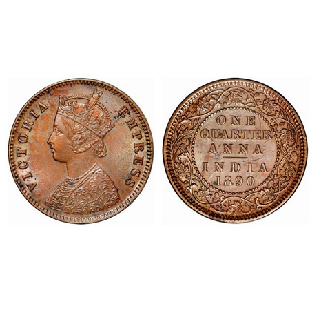 Victoria Empress, Copper, Quarter Anna, 1890, Calcutta Mint, B/II, No mint mark, Ghost on 