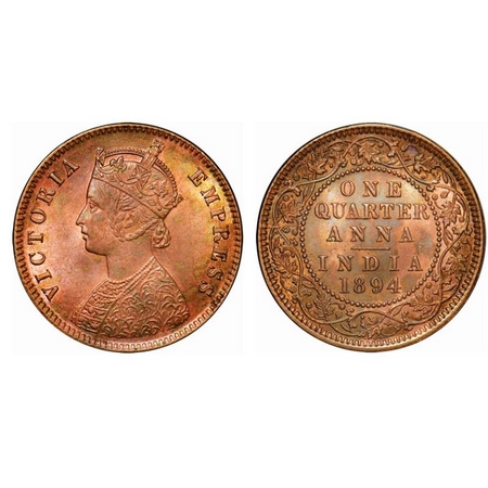 Victoria Empress, Copper, Quarter Anna, 1894, Calcutta Mint, B/II, No mint mark, Die crack
