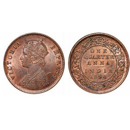 Victoria Empress, Copper, Quarter Anna, 1894, Calcutta Mint, B/II, No mint mark. GK 853. U