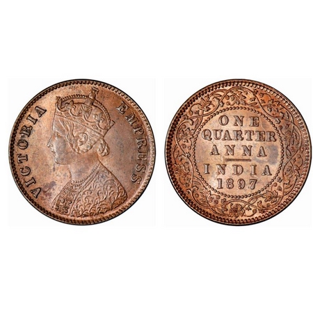 Victoria Empress, Copper, Quarter Anna, 1897, Calcutta Mint, B/II, No mint mark, Alphabate