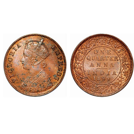 Victoria Empress, Copper, Quarter Anna, 1899, Calcutta Mint, B/II, No mint mark. GK 858. B
