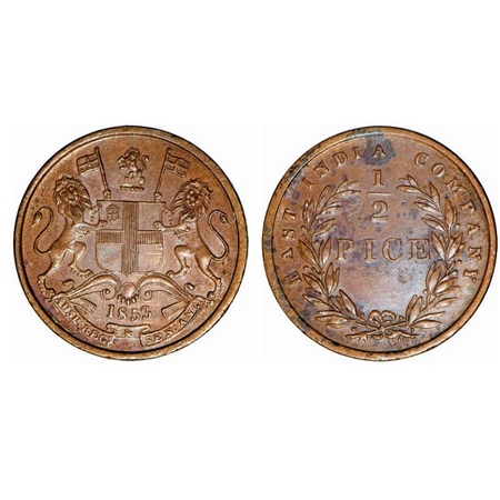Victoria Queen, Copper, 1/2 Pice, 1853, Calcutta Mint, B/I. GK 235. Uncirculated, Details.