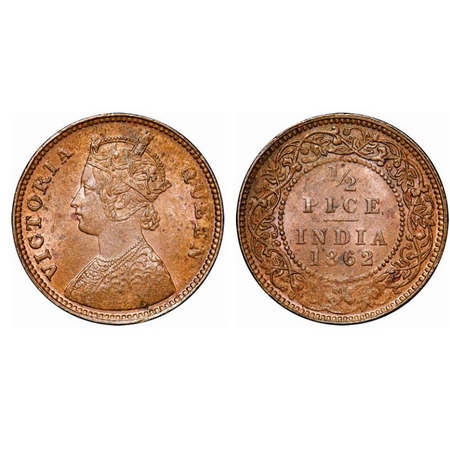 Victoria Queen, Copper, 1/2 Pice, 1862, Calcutta Mint, A/I, Small diameter. GK 400. Weak S