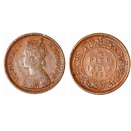 Victoria Empress, Copper 1/2 Pice, 1889, Calcutta Mint, A/I, no mint mark. Ghost on revers
