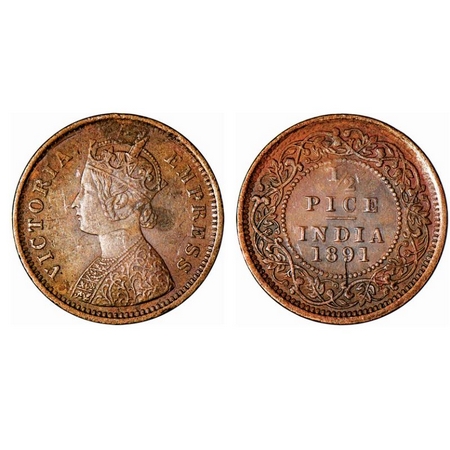 Victoria Empress, Copper, 1/2 Pice, 1891, Calcutta Mint, A/I, no mint mark. GK 871. Very F