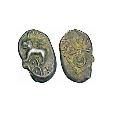 Satavahanas, Siri Satakarni, Junnar Lioness Type, Potin Unit, 3.41g, 19.28X12.13mm, Obv: L