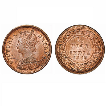 Victoria Empress, Copper, 1/2 Pice, 1895, Calcutta Mint, A/I, No mint mark, Ghost on Rev. 