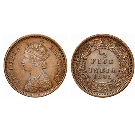 Victoria Empress, Copper, 1/2 Pice, 1895, Calcutta Mint, A/I, No mint mark. GK 875. Extrem