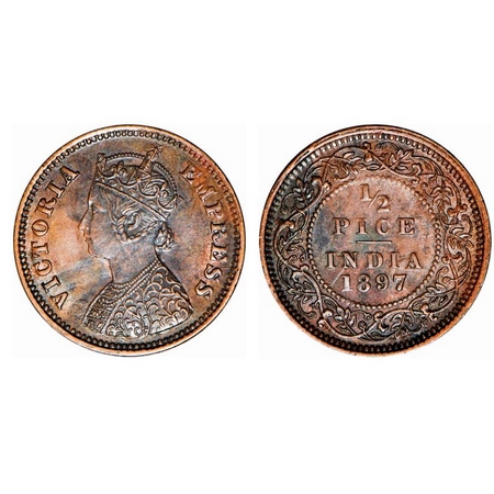 Victoria Empress, Copper, 1/2 Pice, 1897, Calcutta Mint, A/I, No mint mark, Ghost on Rev. 