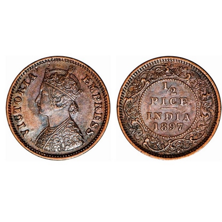Victoria Empress, Copper, 1/2 Pice, 1897, Calcutta Mint, A/I, No mint mark, Ghost on Rev. 