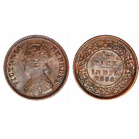 Victoria Empress, Copper, 1/2 Pice, 1898, Calcutta Mint, A/I, No mint mark, Die crack on O